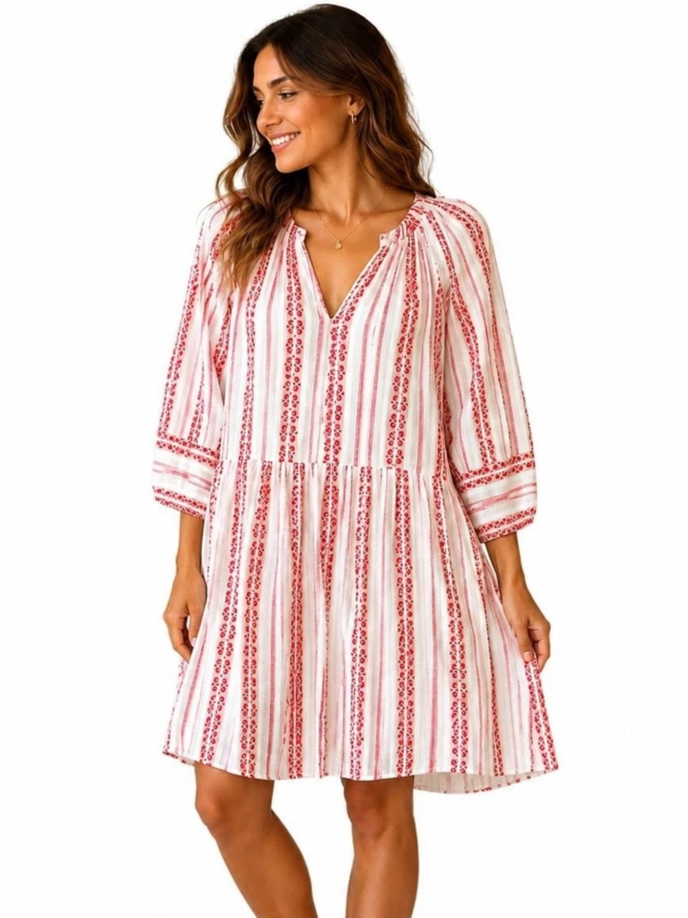 Velvet Graham & Spencer Red White Striped Cotton Long Sleeve Tiered Poplin Dress